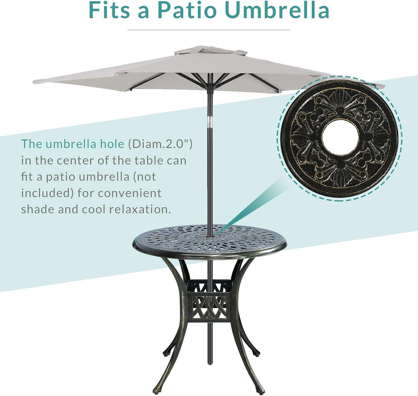 MEETWARM 3 Piece Patio Bistro Set, Outdoor All-Weather Cast Aluminum Dining Furniture Set Includes 2 Cushioned Chairs and a 31” Round Table with Umbrella Hole for Garden Deck, Chili Red