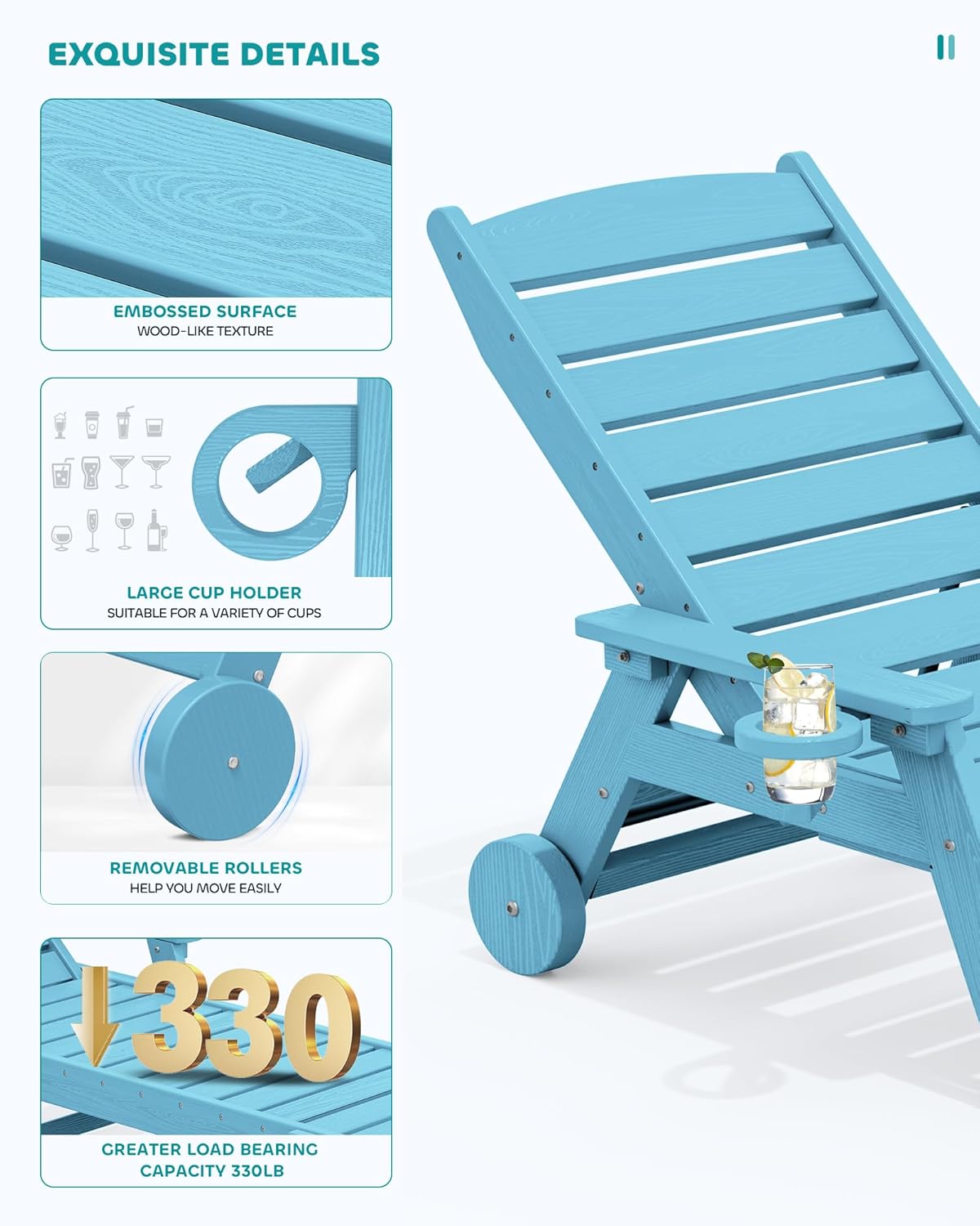 SERWALL Patio Chaise Lounge Chair, 78'' Long HDPE 5 Positions Adjustable Outdoor Lounger, Poly Lounge Chair with Rolling Wheels & Cup Holder for Pool, Light Blue