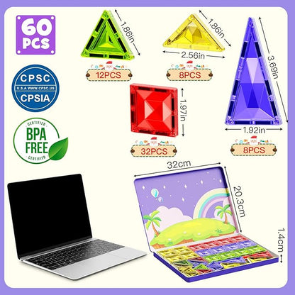 60pcs Diamond Magnetic Tile, Mini Magnetic Building Blocks Magnet Toy with Iron Box, STEM Educational Montessori Indoor Building Kit for Toddlers Preschool Boys Girls Age 3+ Classroom Must Haves