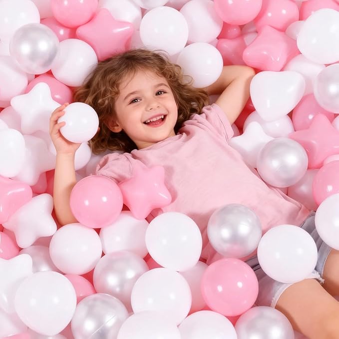 GOGOSO Pink Ball Pit Balls with Star Bals Heart Balls 100 - Crushproof Plasticballs for Babies Toddlers Kids Children for 1 2 3 4 5 Years Old,5 Colors,2.15inches