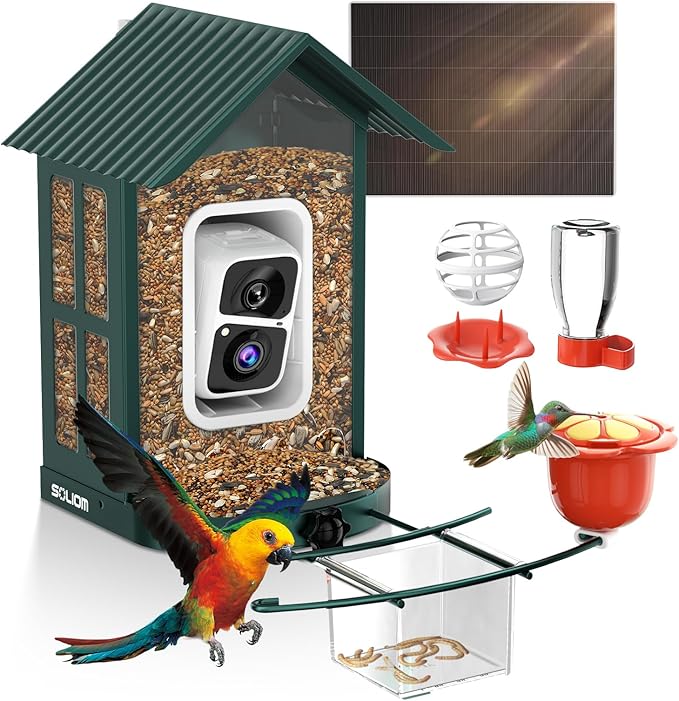 SOLIOM Solar Bird Feeder with Camera for Outdoors - AI Smart Birdhouse, 2K Live View & Instant Alerts, Squirrel Proof - Perfect Bird Watching Gift (Green)