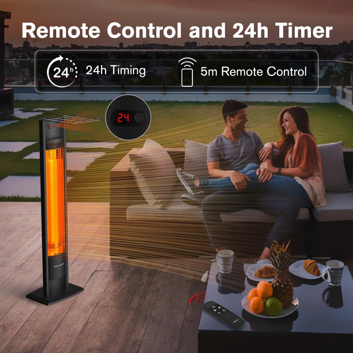 ThermoMate Outdoor Indoor Electric Patio Heater, 1500W 38.5" Portable Tower Infrared Heaer, IP55 Rated Space Radiant Heater with Remote, Timer, Tip-over Protection for Backyard, Restaurant & Garage