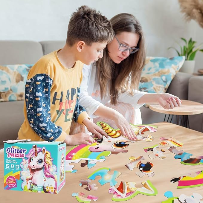 Glittering Unicorn Puzzle, Large Floor Unicorn Jigsaw Puzzles for Kids with Puzzle Sticker Sheets, for Girls Ages 3-6