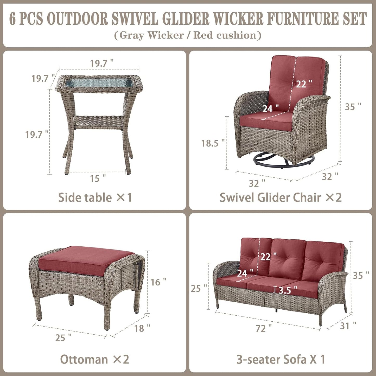 6 Pieces Wicker Patio Furniture Set - Swivel Rocker Outdoor Chairs with Outdoor Couch and Side Table, All-Weather Patio Conversation Set for Sunroom Backyard Deck