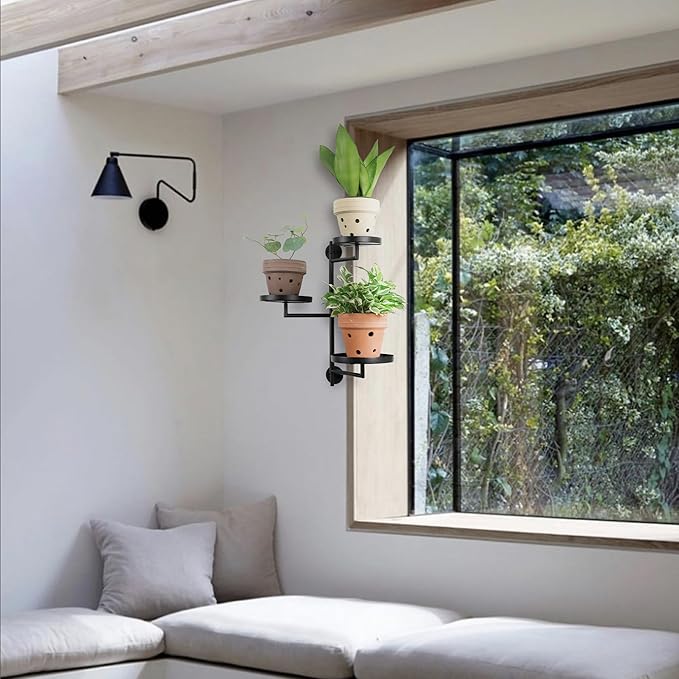 Rotating Window Wall Plant Shelves Stand Holder, 3 Tiered Metal Floating Plant Shelf Hanger Indoor , Window Sill Gifts