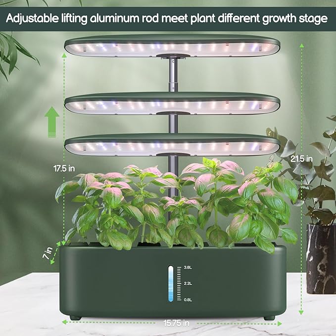 Hydroponics Growing System Kit 12Pods, Birthday Gifts for Mom Women, Herb Garden Indoor with LED Grow Light for Home, Adjustable Height Up to 17", 12Pods,Auto-Timer (Dark Green)