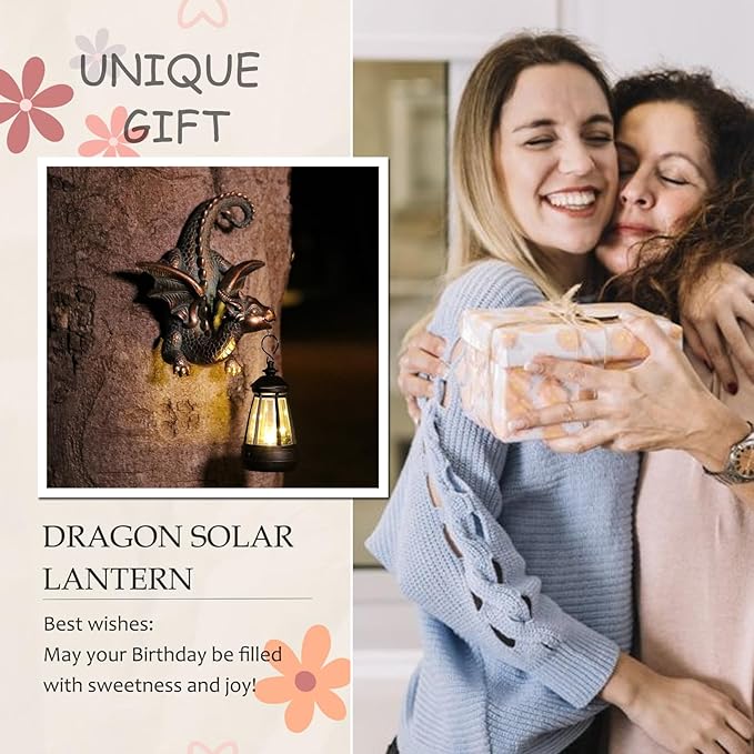 Dragon Solar Garden Statue - Gothic Outdoor Wall Hanging Decor with Solar Light, Fantasy Dragon Figurine for Patio, Yard, or Tree - Unique Whimsical Gift for Adults, Men & Women