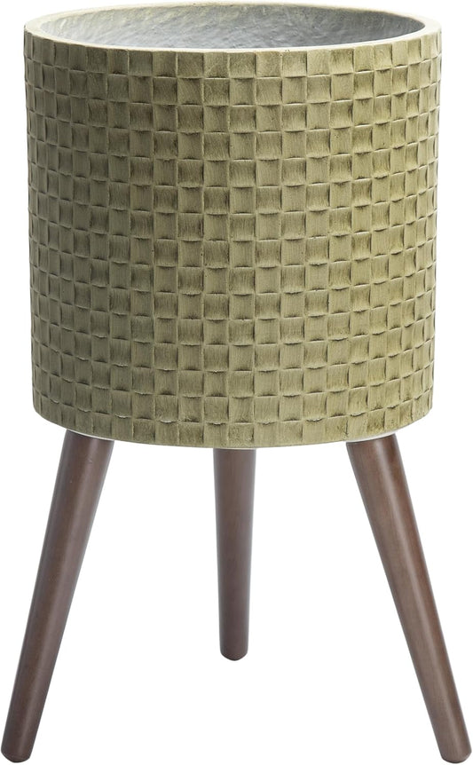 D'vine Dev 12 Inch Modern Geometric Tile Patterned Sleek Planter Pot with Stand, Indoor Outdoor Decorative Plant Holder, Distressed Olive, 88-Z-C-4