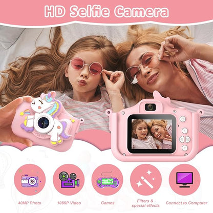 Kids Camera for Girls, HD Selfie Toddler Camera, Christmas Birthday Toys for Girls Age 3-12 Years, Kid Digital Camera with 32GB Card, Cute Princess Toys Gifts for Kids 3 4 5 6 7 8 Years Old(Pink)