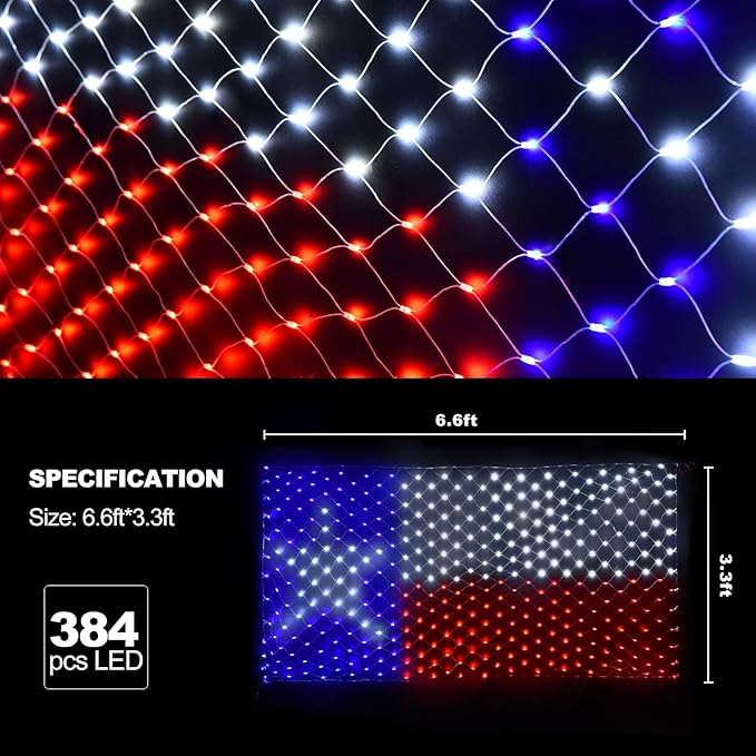 Leisure World LED Texas Flag Net Lights - Outdoor American Flag, Patriotic Red, White & Blue, 3.3 x 6.6 FT, 8 Modes for 4th of July & Christmas