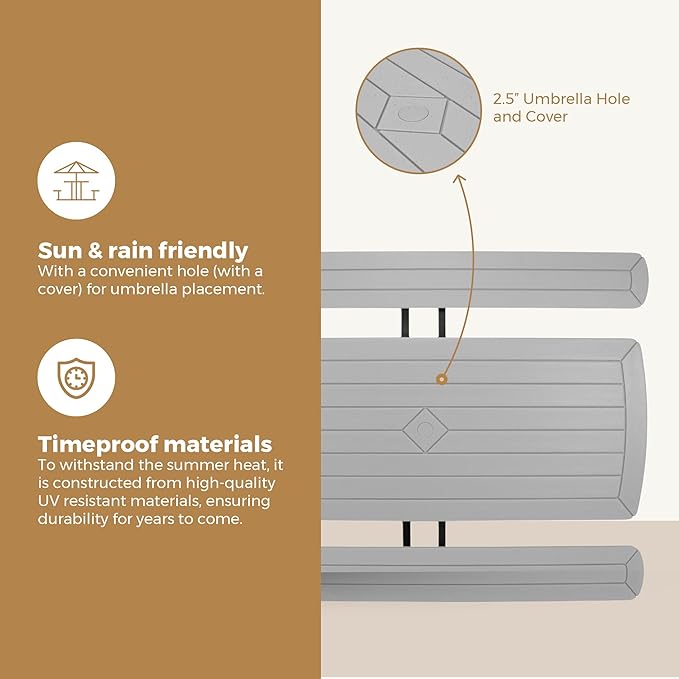 OEF Furnishings Heavy Duty Blow Molded Folding Picnic Table- Light Speckled Grey, Black Frame