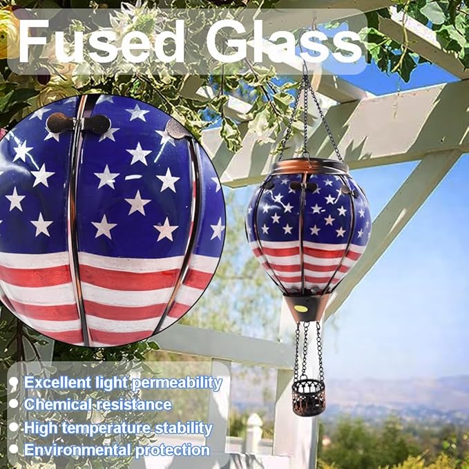 Hot Air Balloon Solar Lantern with Flickering Flame, Glass Hanging Garden Lights Outdoor Waterproof for Tree Yard Patio Mother's Day Gift, 18" H Flag