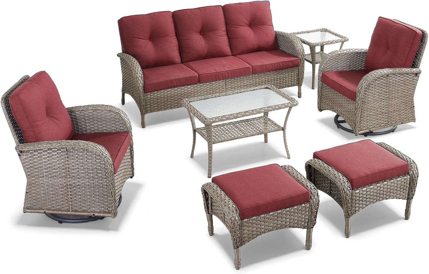 HUMMUH 7 Pieces Outdoor Furniture Set-All Weather Wicker Rattan Couch with Outdoor Rocking Chair Patio Furniture for Deck Lawn Porch Balcony Poolside-Grey/Red