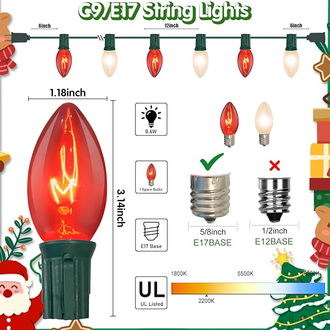 25ft C9 Red and White Christmas Lights,Waterproof C9 Christmas String Lights With 26 Red White bulbs,Commercial Christmas Lights Outdoor for Garden House Xmas Garland Christmas Tree Decorations