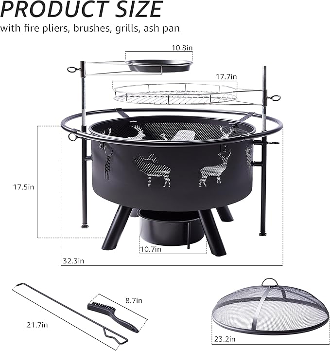 NATURAL EXPRESSIONS 32 Inch Large Fire Pit with 2 Grills, Outdoor Wood Burning Fire Pit with Cooking Grate, Lid, Poker and Round Waterproof Cover for Patio, Ourside, Bonfires, Picnic, Party.