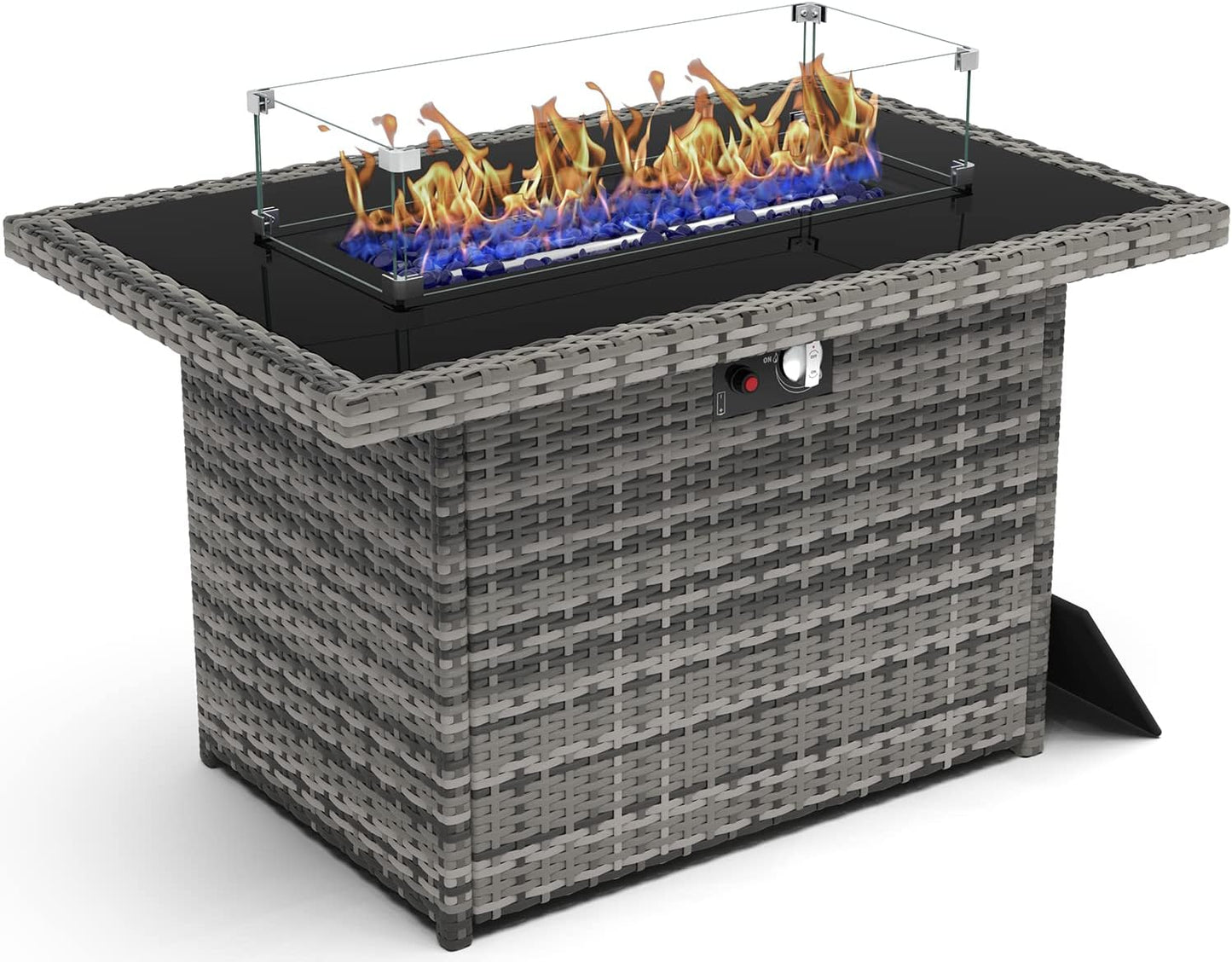 44 Inch Propane Gas Fire Pits Table for Outside Patio, 60000 BTU Rectangular Outdoor Wicker Rattan Fire Pit with Glass Wind Guard