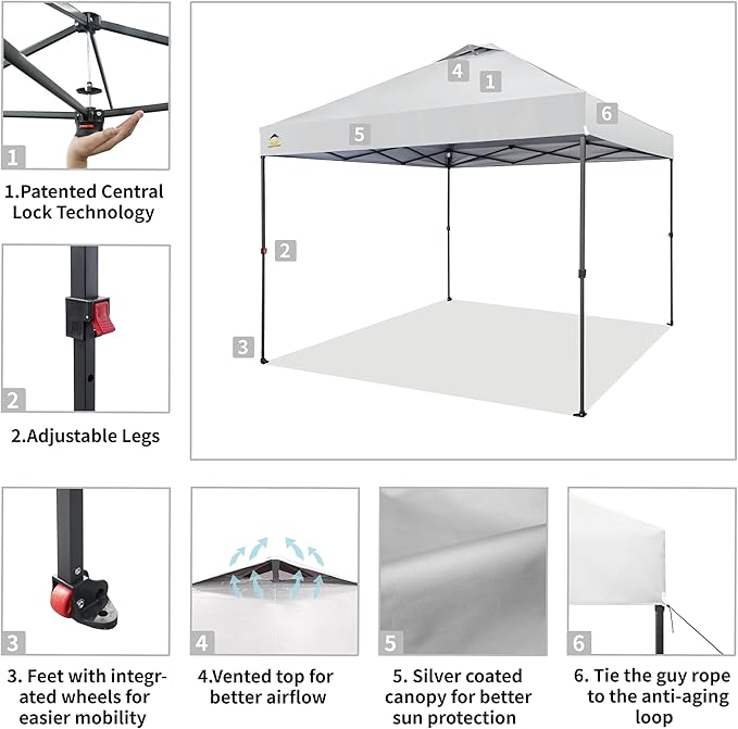 CROWN SHADES 10x10 Pop Up Canopy - Patented Center Lock One Push Instant Outdoor Canopy Beach Tent with STO-N-Go Bag 8 Stakes & 4 Sand Bags，White