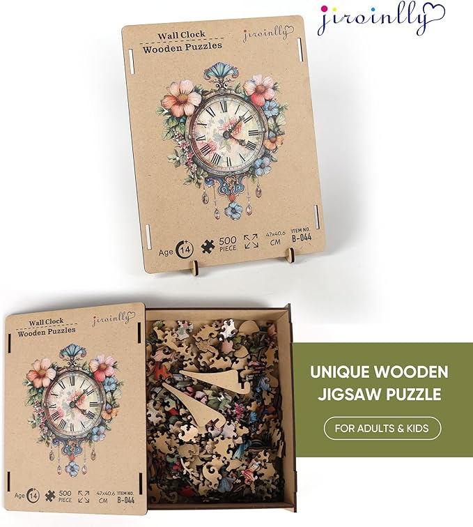 Jiroinlly Wooden Puzzles for Adults 500 Pieces, Flower Clock Wooden Jigsaw Puzzles, Unique Shaped Wood Puzzle, Beautiful Package, Best Toys for Adults and Kids, Family Game, 18.5'' x 16''