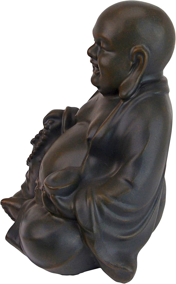 Design Toscano Laughing Asian Man Happy Hotei Garden Statue, Medium, 8 inches wide, 9 inches tall, Cast Stone Resin, Green Bronze Finish