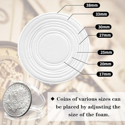 63PCS Silver Dollar Coin Holder, Clear Coin Capsules, Coin Holders for Collectors, Plastic Coin Case for Morgan Silver Dollar, Coin Protectors with Adjustable Gasket (17/20/25/27/30/33/38/40mm)
