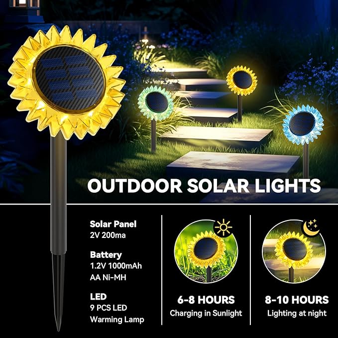 Solar Outdoor Garden Lights, 6 Pack Sunflower LED Ground&Wall 2-in-1 IP67 Waterproof Decorative Light for Yard Landscape Pathway Patio Walkway Backyard Decor (Warm White)