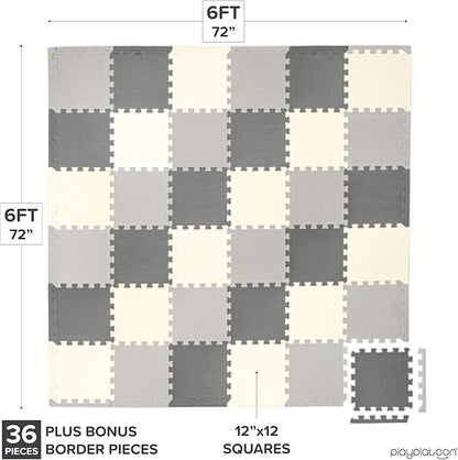 Play Platoon Non-Toxic Foam Puzzle Floor Mat, Comfortable, Extra Thick, Cushiony Play Mat for Toddlers, Kids & Adults, 36 Tiles (12"x12"), Square, Grey/Cream/Charcoal