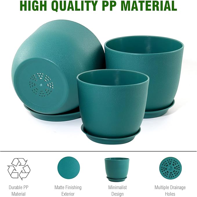 Flower Pots 9/8/7.5 inch, Set of 3 Modern Decorative Plastic Planters with Drainage Holes and Tray for House Plants Indoor Plants, Plant Pots for Indoor Outdoor Plants, Blue Green