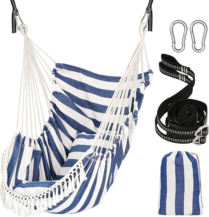 Chihee Hammock Chair Hanging Swing 2 Pillows Included,Strong Webbing Straps and Hooks for Easy Hanging Soft Cotton Hanging Chair Side Pocket Tassel Chair Comfort Indoor Outdoor Blue White