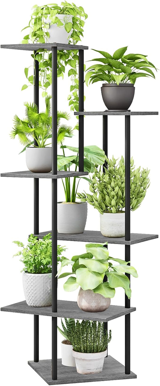 Plant Stand Indoor 6-Tier Metal Wood Plant Shelf for Multiple Flower Pots Corner Tall Flower Holders for Living Room Balcony Bedroom, Oak Grey