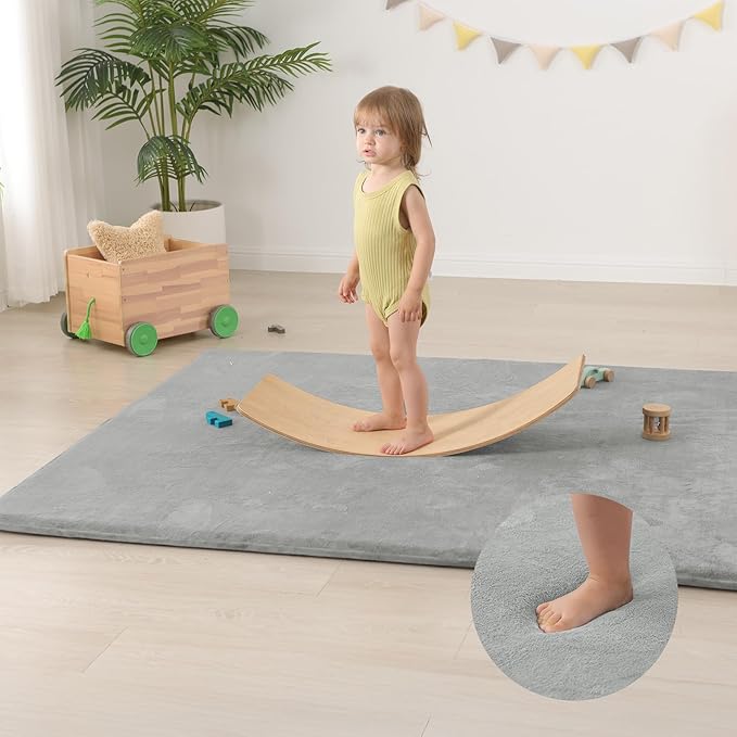 Baby Play Mat for Floor,Extra Large 79"×118" Playroom Mat,Thicker Memory Foam Classroom Mats for Toddler,Infant,Kids,Water Repellent Ultra Soft Coral Velvet,Non-Slip Backing Safe for Crawling(Light Grey)