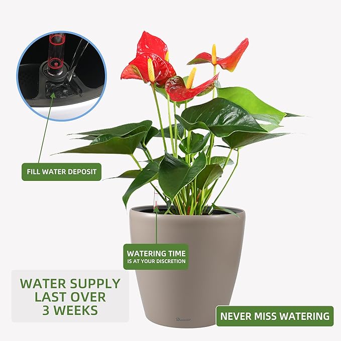 Dexceder 18x17 Self Watering Planter with Wheels Indoor Outdoor, Inner Pot Design, Thickened Large Floor Standing Flower Plant Pot with Water Level Indicator (Taupe Matte)