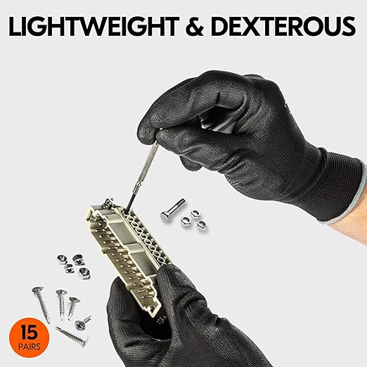 Vgo... 15-Pairs Safety Work Gloves, Gardening Gloves, Polyurethane Coated, Dipping Gloves, Latex Free (Size L, Black, PU2103)