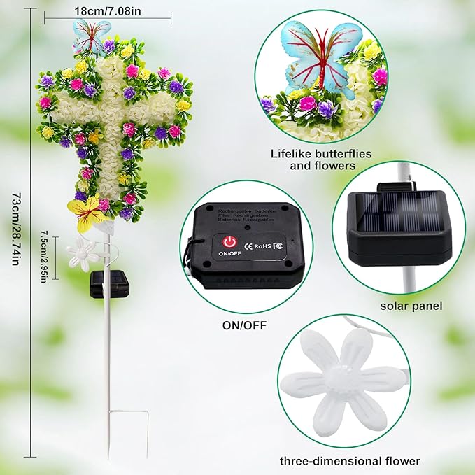YJFWAL Solar Flowers Cross Garden Stake Lights, Yard Solar Lights Cemetery Decorations for Grave Outdoor Jesus Cross Sympathy Memorial Gifts for Grandmother, Garden Yard Lawn Patio Pathway