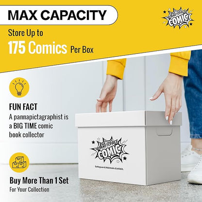 Premium Comic Book Storage Box | 22 Boxes with 6 Dividers (Each Box Stores Up to 175 Comics) - Short Stackable Design with Dust Protection Lid | Strong Structure & Acid Free Manufacturing