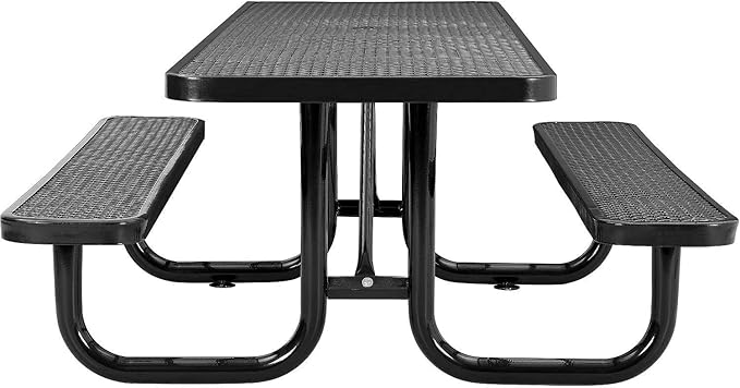 Global Industrial 8'L Rectangular Picnic Table, ADA Compliant, Expanded Metal, Black Thermoplastic Coating, Attached Benches, 1-1/2” Umbrella Pole Hole, Outdoor-Rated