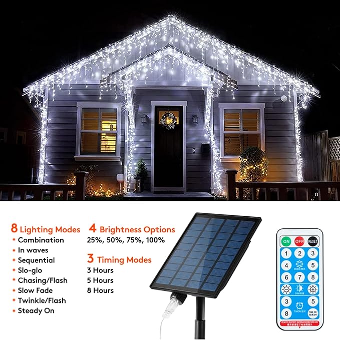 Solar Christmas Lights Outdoor Waterproof Christmas Decorations Curtain Lights 320LED 29.5ft 60 Drops, Solar Powered Rechargeable Fairy Lights for Party, Wedding, Home Decorations(White)