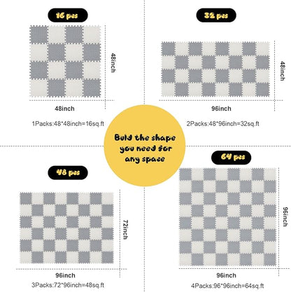 Shihanee Foam Floor Baby Tiles Foam Floor Mats Play Mats Bulk with Borders Interlocking for Kids Baby Playroom Nursery Gym (Gray, White,64ft)