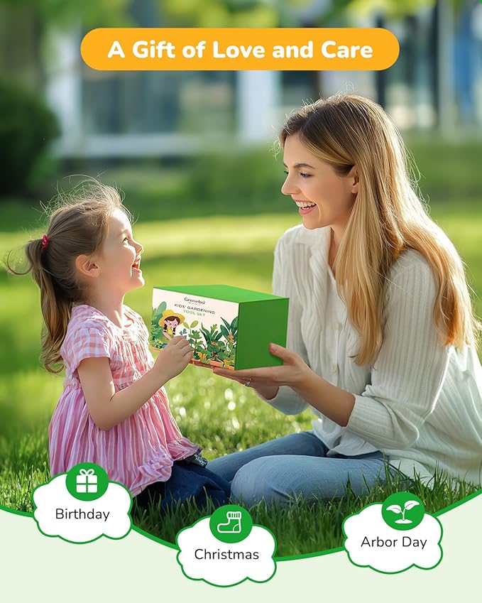 Kids Gardening Set Toys,Includes Metal Trowel,Transplanting Shovel,Garden hat,Rake,Apron,Gloves,Watering Can,and Tool Organizer Bag (Lake Green)