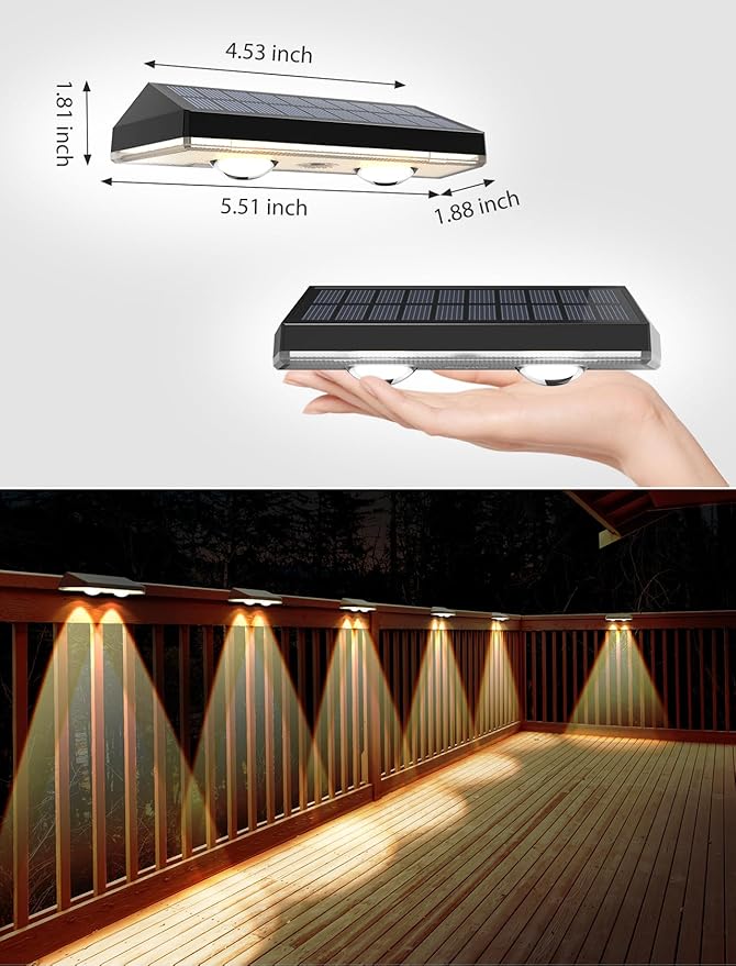 Solar Fence Lights,Warm White & Cold White & Mixed Color 3 Modes Bright Lens LED Dusk to Dawn Deck Light Outdoor Waterproof,Solar Outdoor Lights for Backyard/Railing/Wall (2Pack)