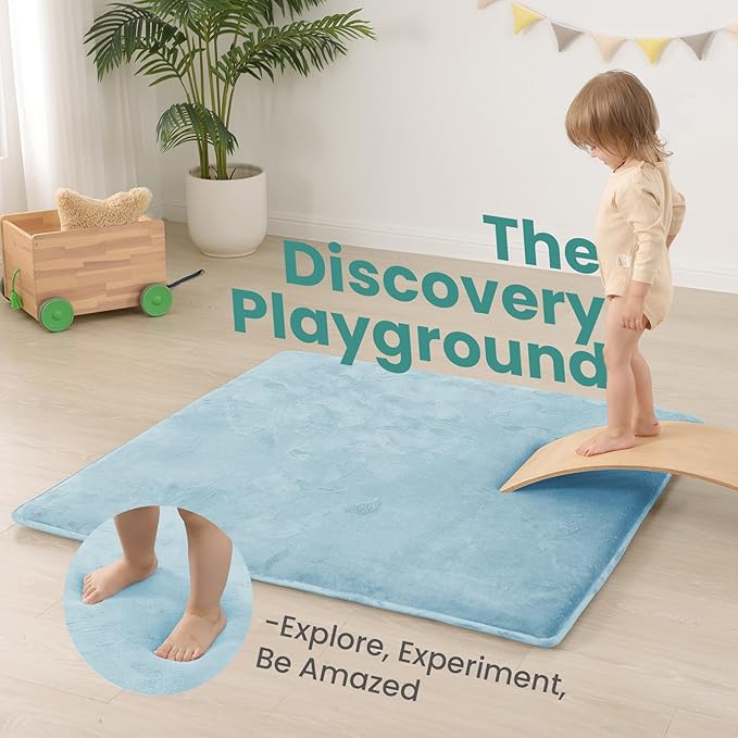 Baby Play Mat for Floor,1.3" Thick Elasti-Foam 50"×50" Playpen Mat for Tummy Time,Water Repellent Soft Coral Velvet for Toddler,Infant,Kids,Non-Slip Backing Safe for Crawling(Light Blue)