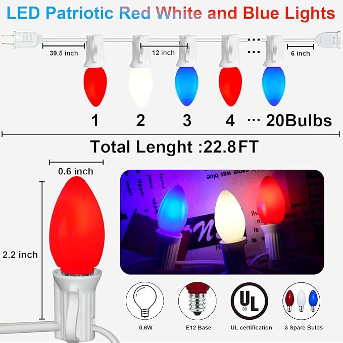 22.8 FT C7 LED 4th of July Decorations Lights with 20+3 Red White and Blue Lights Bulbs, Waterproof Outdoor String Light for Memorial Day Independence Day Patio Garden Bistro Patriotic Decor