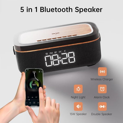LOVME Alarm Clock Bluetooth Speaker for Bedroom, Bluetooth Stereo Sound Speaker, Fast 15W Wireless Charger, Dimmer, Night Light for Heavy Sleepers, Gift Set, Bedside(Black)