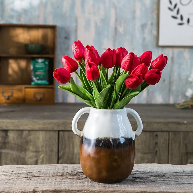 Multi Gradient Ceramic Vase with 2 Handles, Modern Farmhouse Decor, Rustic Terracotta Pottery, Decorative Flower Vases, Clay Small Vase, Centerpiece for Dining Table - 7 Inch Tall