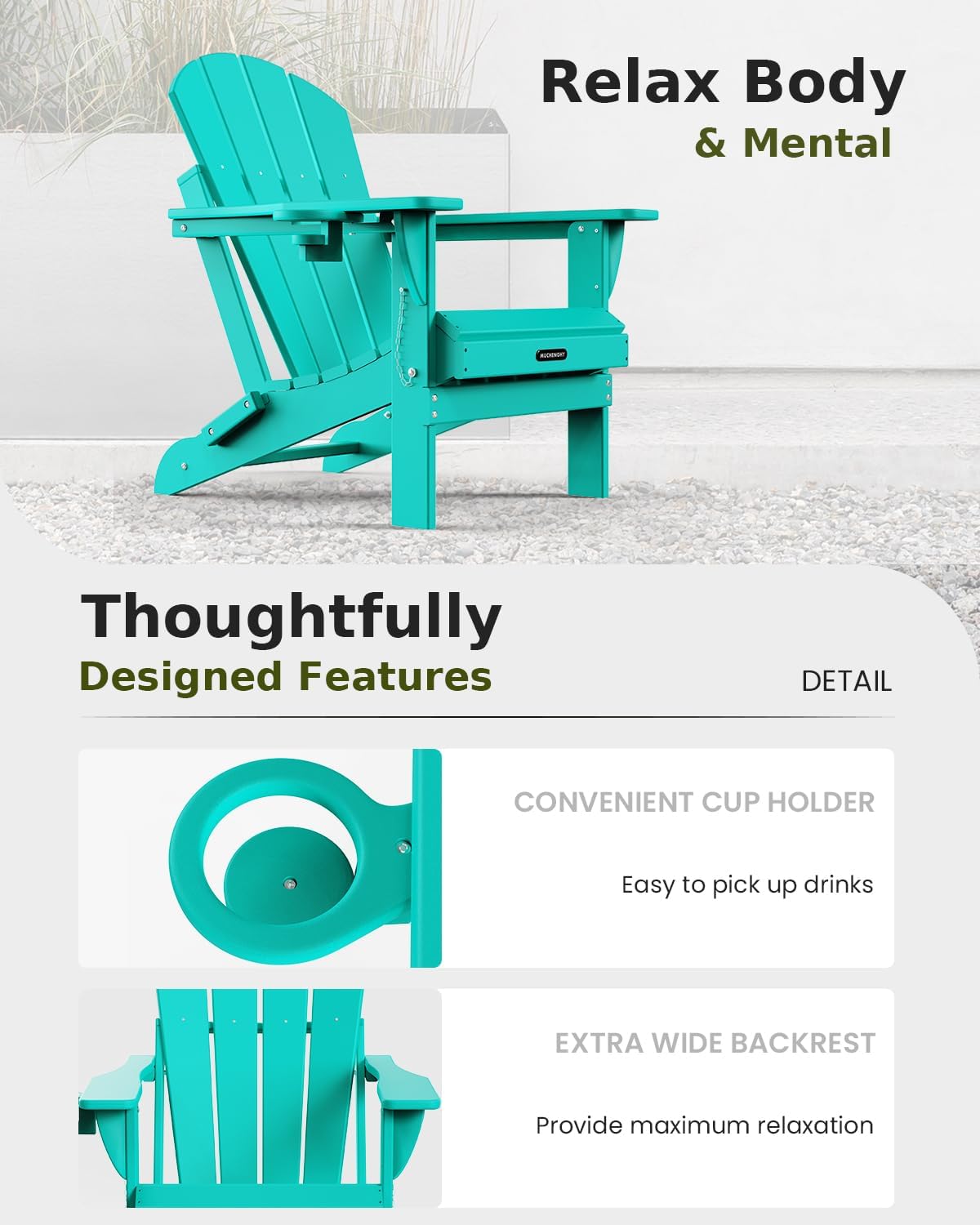 MUCHENGHY Folding Adirondack Chairs 6 Pack, Patio Chairs, Outdoor Chairs, Adirondack Chair Plastic, Fire Pit Chairs, Weather Resistant with Cup Holder for Deck, Backyard, Garden(Lake Blue)