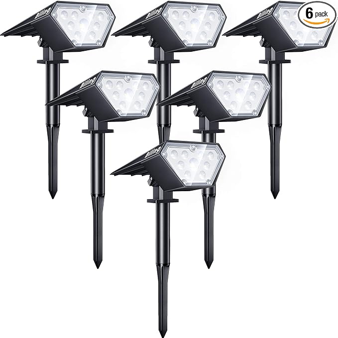 Biling Solar Spot Lights Outdoor, 2-in-1 Solar Landscape Lights 12 LED Bulbs Solar Powered Lights IP67 Waterproof Adjustable Wall Light for Patio Pathway Yard Garden Driveway Pool - White(6 Pack)