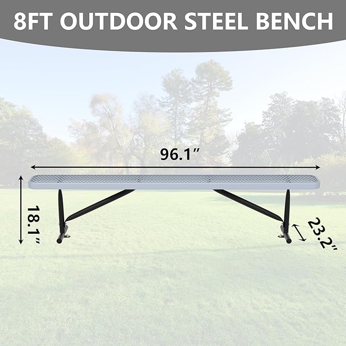 48" L Outdoor Steel Flat Bench, Heavy Duty Metal Park Bench for Outside, Expanded Metal, Commercial Benches Mesh Bench for Shopping Mall, Store, Lawn, Park, Patio, Deck, Garden (Grey, 8FT)