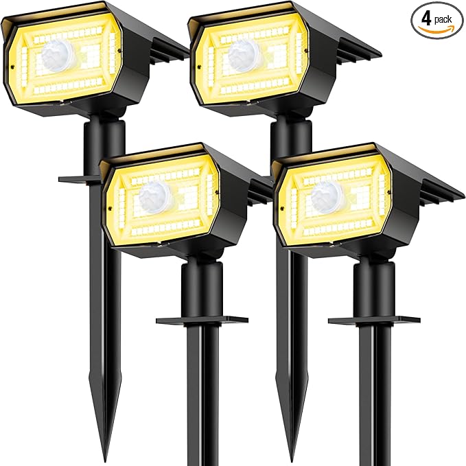 Outdoor Motion Sensor Spot Lights with 3 Modes, 4 Pack/56 LED 2-in-1 Auto On/Off Solar Landscape Lighting for Outside Yard, Wall, Garden, Pathway, Warm White