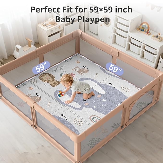 Baby Play Mat, 59 x 59 Play Mat Perfect for Use Baby Playpen, Foldable Soft Foam Baby Play Mat for Floor, Babies Activity Tummy Time Playmat, Kids Non Toxic Thick Mat for Baby, Toddlers, Infants
