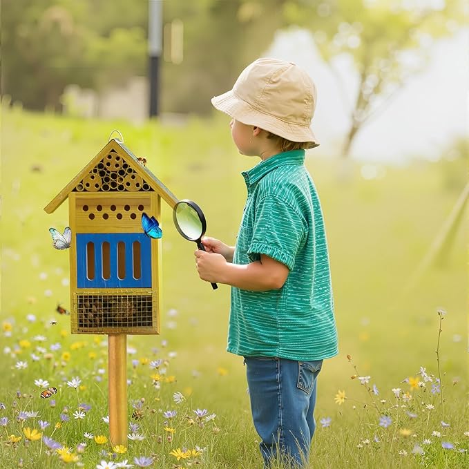 Wooden Butterfly House & Bee House for The Garden, Durable Bug Hotel W/Wooden Stake and Iron Roof, Insect Habitat On The Ground Or Hanging On The Tree, for Butterfly, Bee, Ladybug, Bug