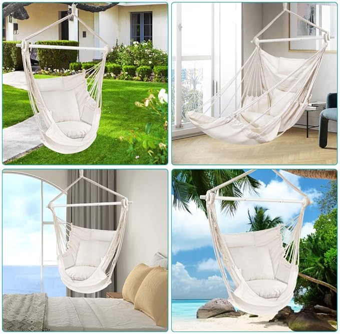 Outerman Hammock Chair, Hanging Chair with 3 Cushions and Foot Rest Support, Sturdy Metal Spreader Bar Max 440 Lbs, Swing Chair for Bedroom, Indoor & Outdoor, Patio, Porch or Tree（White）